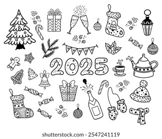 Happy New Year 2025. A set of vector Christmas drawings. Black elements are highlighted on a white background.Ideal for children's coloring books, postcards, invitations, banners.