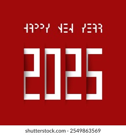 Happy New Year 2025 with shadow effect on red background. Vector illustration.