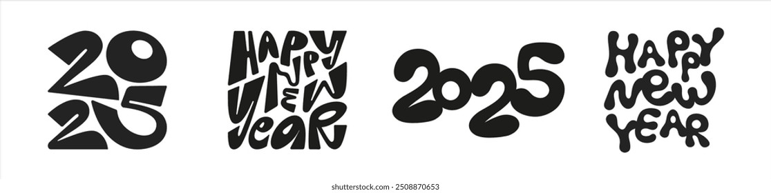 Happy New Year 2025 shapeshifting graffiti lettering set, typographic compositions. Bold distorted cartoon blobs bubble letters and numbers inscribed in a square shape. Modern trendy hand drawn fonts.