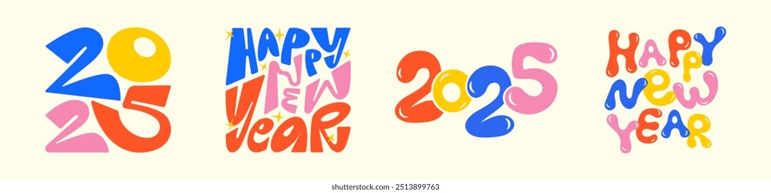 Happy New Year 2025 shapeshifting graffiti lettering set, colorful typographic compositions. Bold cartoon blobs bubble letters and numbers inscribed in a square shape. Modern trendy hand drawn fonts.