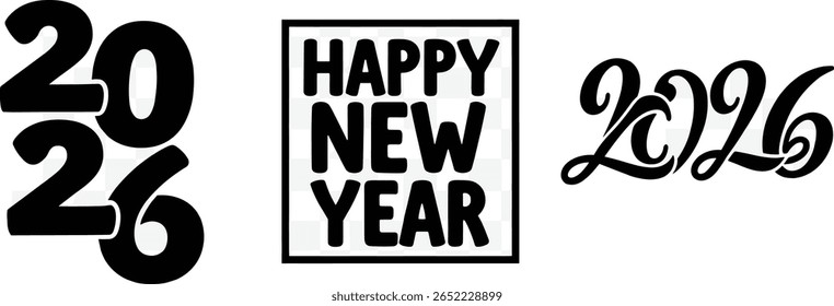 Feliz Ano Novo 2025 shapeshifting graffiti lettering set, composições tipográficas. Bolhas de desenho animado em negrito distorcido letras bolhas e números inscritos em uma forma quadrada