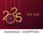 Happy New Year 2025 Shiny background with clock and confetti vector Happy New Year 2025 text design. New year 2025 vector design with realistic 3D numbers.