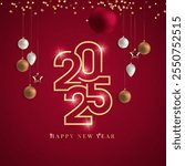 Happy New Year 2025 Shiny background with snow and shine star vector Happy New Year 2025 text design. New year 2025 vector design with realistic 3D numbers.
