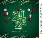 Happy New Year 2025 Shiny background with snow and shine star vector Happy New Year 2025 text design. New year 2025 vector design with realistic 3D numbers.
