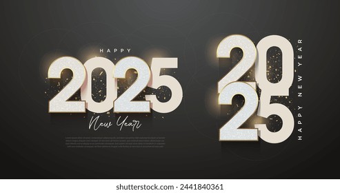 Happy new year 2025. Shiny number design on black background. Premium design for a festive New Year celebration.