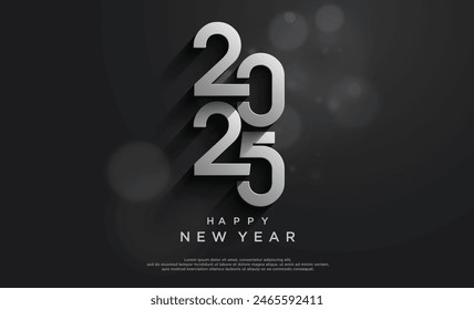 Happy New Year 2025 in shiny silver on black background. 2025 new year premium vector background.