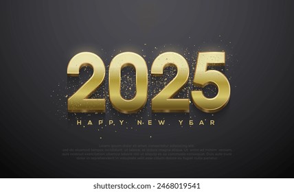 Happy New Year 2025 with shiny 3D gold numbers. New Year celebration design. Premium vector design for posters, banners, calendar and greetings.