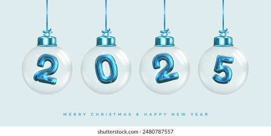 Happy New Year 2025! Shiny blue numbers inside Christmas glass balls hanging on ribbon. Realistic 3D image of metal sign. Celebrating 2025 party. Christmas poster, web banner, site header.