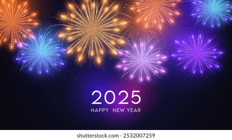 Frohes Neues Jahr 2025 Glänzender Hintergrund mit Feuerwerk und Sternenvektor Frohes Neues Jahr 2025 Textdesign. Neues Jahr 2025 Vektordesign mit realistischen 3D Zahlen.
