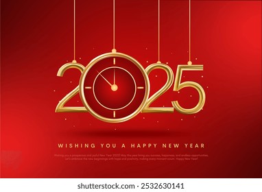 Feliz año Nuevo 2025 Fondo brillante con reloj y Vector de confeti Feliz año Nuevo 2025 diseño de texto. Nuevo año 2025 diseño de Vector con números 3D realistas.