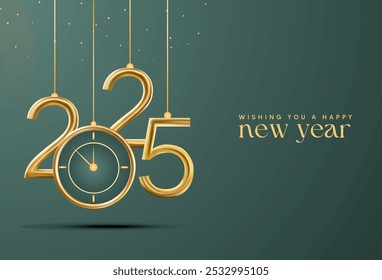 Feliz año Nuevo 2025 Fondo brillante con reloj y Vector de confeti Feliz año Nuevo 2025 diseño de texto. Nuevo año 2025 diseño de Vector con números 3D realistas.