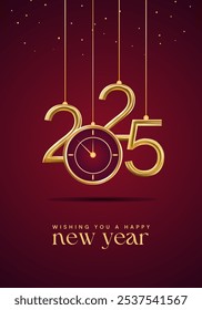 Feliz año Nuevo 2025 Fondo brillante con reloj y Vector de confeti Feliz año Nuevo 2025 diseño de texto. Nuevo año 2025 diseño de Vector con números 3D realistas.