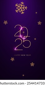 Feliz año Nuevo 2025 Fondo brillante con nieve y brillo estrella Vector Feliz año Nuevo 2025 diseño de texto. Nuevo año 2025 diseño de Vector con números 3D realistas.
