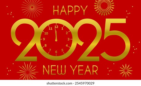 Happy New Year 2025 Shiny background with clock and confetti vector Happy New Year 2025 text design. New year 2025 vector design with realistic 3D numbers.