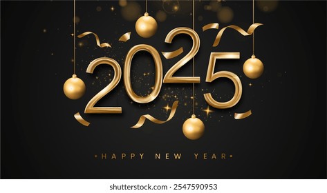 Feliz año Nuevo 2025 Fondo brillante con reloj y Vector de confeti Feliz año Nuevo 2025 diseño de texto. Nuevo año 2025 diseño de Vector con números 3D realistas.