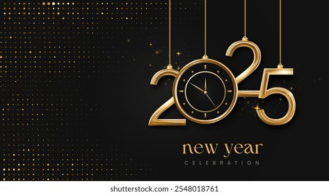 Happy New Year 2025 Glänzend dunkelroter schwarzer Hintergrund mit Uhr und Konfetti-Vektor Happy New Year 2025 Textdesign. Neues Jahr 2025 Vektordesign mit realistischen 3D Zahlen. Chinesisches Neujahr 2025.