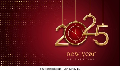 Feliz año Nuevo 2025 Fondo brillante con reloj y Vector de confeti Feliz año Nuevo 2025 diseño de texto. Nuevo año 2025 diseño de Vector con números 3D realistas.