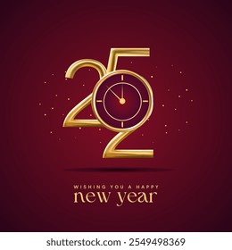 Happy New Year 2025 Shiny background with clock and confetti vector Happy New Year 2025 text design. New year 2025 vector design with realistic 3D numbers.