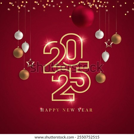 Happy New Year 2025 Shiny background with snow and shine star vector Happy New Year 2025 text design. New year 2025 vector design with realistic 3D numbers.
