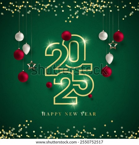 Happy New Year 2025 Shiny background with snow and shine star vector Happy New Year 2025 text design. New year 2025 vector design with realistic 3D numbers.
