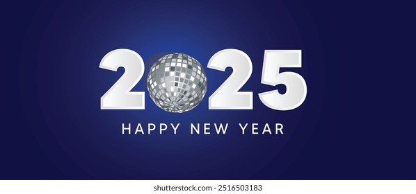 happy new year 2025 silver disco ball vector poster