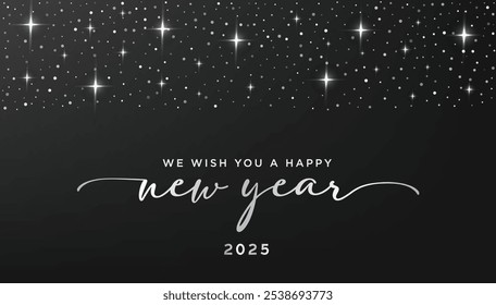 Happy New Year 2025 with silver stars and sparkles