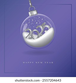 Happy New Year 2025. Silver volumetric numbers lie on the snow inside a transparent Christmas tree ball on a blue-violet background. Silver elegant text. Elegant minimalist design