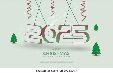  Feliz Ano Novo 2025. com números simples e uma aspersão de ornamentos festivos. Celebração do Ano Novo 2025.