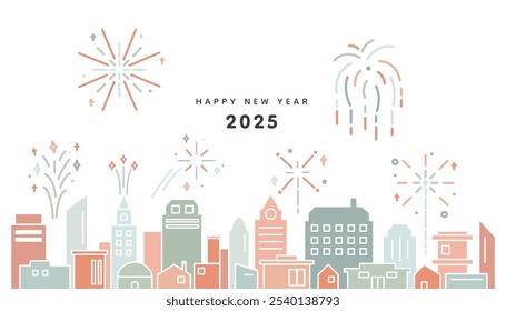 Happy New Year 2025 Simple Illustration. Cityscape Line Art for New Year Celebrations. Minimalist Urban Skyline with Fireworks, Festive City Silhouettes, and Holiday Design. Modern New Year Cityscape 