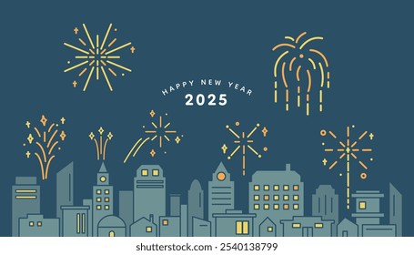 Happy New Year 2025 Simple Illustration. Cityscape Line Art for New Year Celebrations. Minimalist Urban Skyline with Fireworks, Festive City Silhouettes, and Holiday Design. Modern New Year Cityscape 