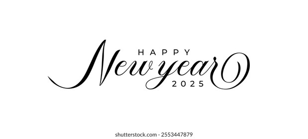 Happy New Year 2025 simple Logo. Abstract Hand drawn creative calligraphy vector logo design. 2025 New year black and white logo