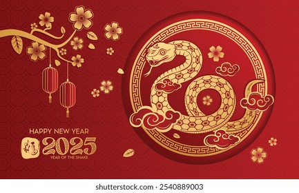 Feliz año Nuevo 2025 año de la serpiente con flor de melocotón sobre fondo rojo de la suerte de la cultura china. Feliz año Nuevo 2025 serpiente de signo del zodiaco