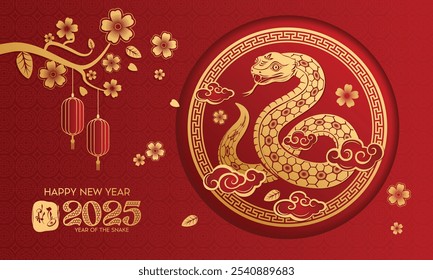 Happy New Year 2025 year of the snake with peach blossom on lucky red background of Vietnamese culture. Happy New Year 2025 zodiac sign snake