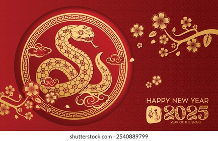 Happy New Year 2025 year of the snake with peach blossom on lucky red background of Vietnamese culture. Happy New Year 2025 zodiac sign snake