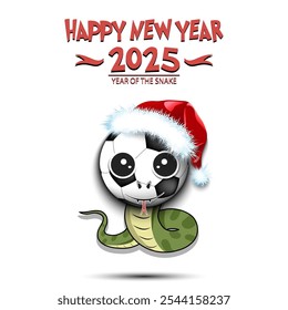 Feliz año Nuevo. 2025 año de la serpiente. Linda serpiente de hocico en forma de pelota de fútbol. Balón de fútbol en forma de serpiente. Plantilla de diseño de tarjeta de felicitación. Ilustración vectorial