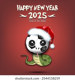 Feliz año Nuevo. 2025 año de la serpiente. Linda serpiente de hocico en forma de pelota de fútbol. Balón de fútbol en forma de serpiente. Plantilla de diseño de tarjeta de felicitación. Ilustración vectorial