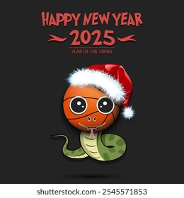 Feliz año Nuevo. 2025 año de la serpiente. Serpiente de hocico lindo en forma de una pelota de baloncesto. Baloncesto en forma de serpiente. Plantilla de diseño de tarjeta de felicitación. Ilustración vectorial