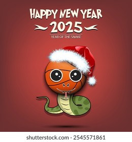 Feliz año Nuevo. 2025 año de la serpiente. Serpiente de hocico lindo en forma de una pelota de baloncesto. Baloncesto en forma de serpiente. Plantilla de diseño de tarjeta de felicitación. Ilustración vectorial