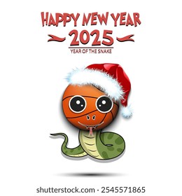 Feliz año Nuevo. 2025 año de la serpiente. Serpiente de hocico lindo en forma de una pelota de baloncesto. Baloncesto en forma de serpiente. Plantilla de diseño de tarjeta de felicitación. Ilustración vectorial