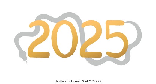 Happy New Year 2025. Year of the Snake. Hand drawn golden numbers on snake silhouette. Vector illustration