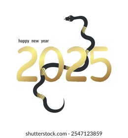 Happy New Year 2025. Year of the Snake. Hand drawn golden numbers and snake symbol of the year. Vector illustration