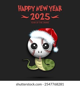 Happy New year. 2025 year of the snake. Cute muzzle snake in the form of a baseball ball. Baseball ball in the form of a snake. Greeting card design template. Vector illustration