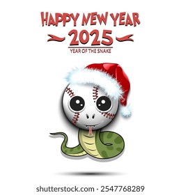 Happy New year. 2025 year of the snake. Cute muzzle snake in the form of a baseball ball. Baseball ball in the form of a snake. Greeting card design template. Vector illustration