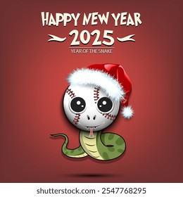 Happy New year. 2025 year of the snake. Cute muzzle snake in the form of a baseball ball. Baseball ball in the form of a snake. Greeting card design template. Vector illustration