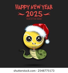 Feliz año Nuevo. 2025 año de la serpiente. Linda serpiente de hocico en forma de pelota de tenis. Pelota de tenis en forma de serpiente. Plantilla de diseño de tarjeta de felicitación. Ilustración vectorial