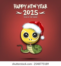 Feliz año Nuevo. 2025 año de la serpiente. Linda serpiente de hocico en forma de pelota de tenis. Pelota de tenis en forma de serpiente. Plantilla de diseño de tarjeta de felicitación. Ilustración vectorial