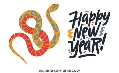 Happy new year 2025 snake banner. Greeting card with symbol of the year 2025. Cute snake and simple text.