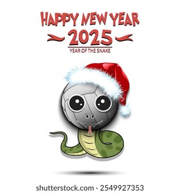 Feliz año Nuevo. 2025 año de la serpiente. Linda serpiente de hocico en forma de pelota de voleibol. Pelota de voleibol en forma de serpiente. Plantilla de diseño de tarjeta de felicitación. Ilustración vectorial