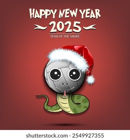 Feliz año Nuevo. 2025 año de la serpiente. Linda serpiente de hocico en forma de pelota de voleibol. Pelota de voleibol en forma de serpiente. Plantilla de diseño de tarjeta de felicitación. Ilustración vectorial