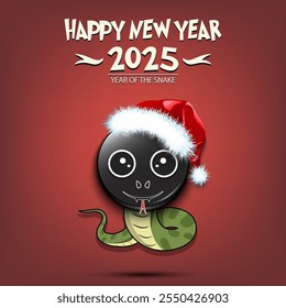 Feliz año Nuevo. 2025 año de la serpiente. Linda serpiente de hocico en forma de disco de hockey. Disco de hockey en forma de serpiente. Plantilla de diseño de tarjeta de felicitación. Ilustración vectorial